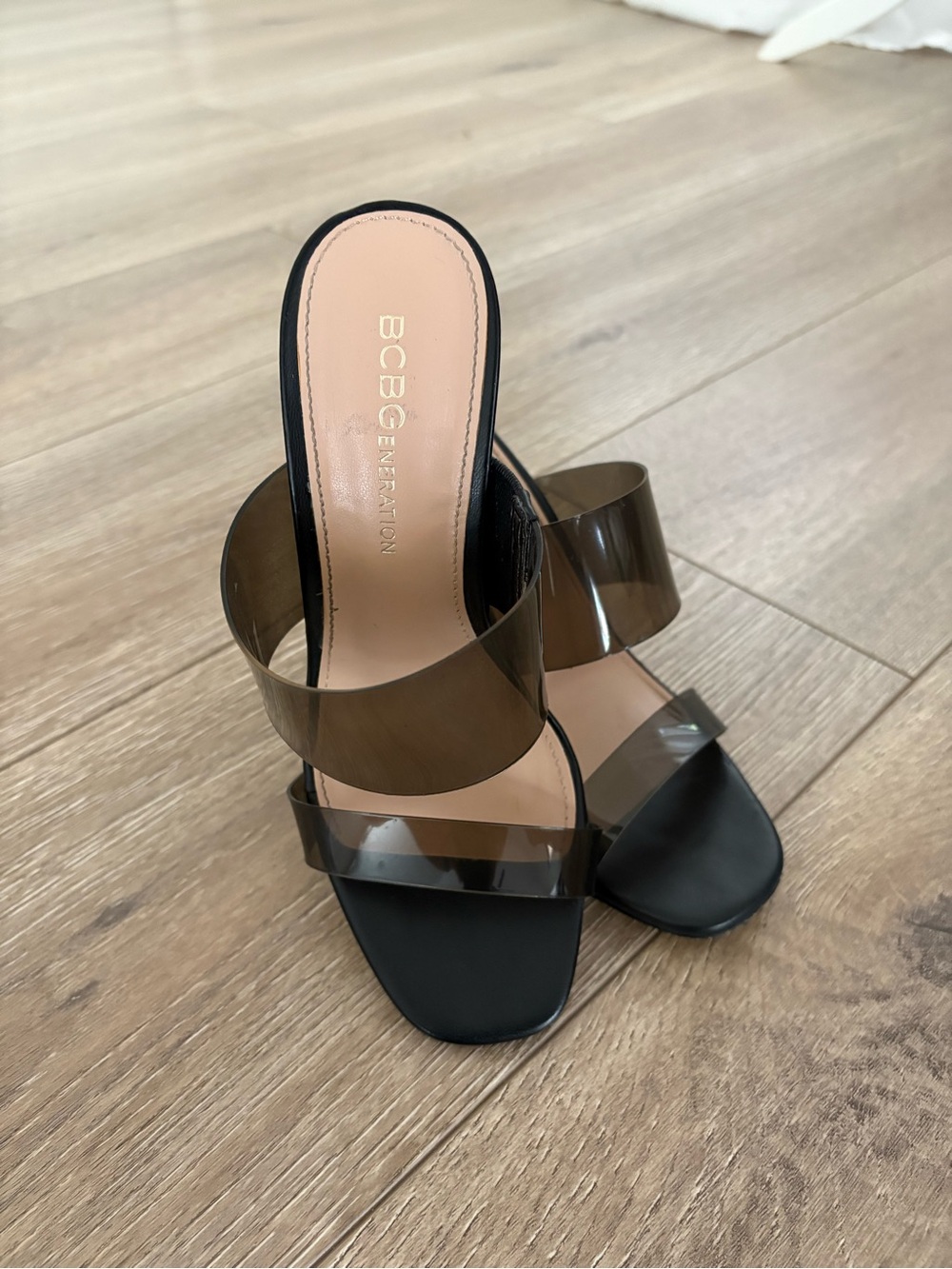 BCBGeneration Black Mule Heels with Smoky Clear Straps